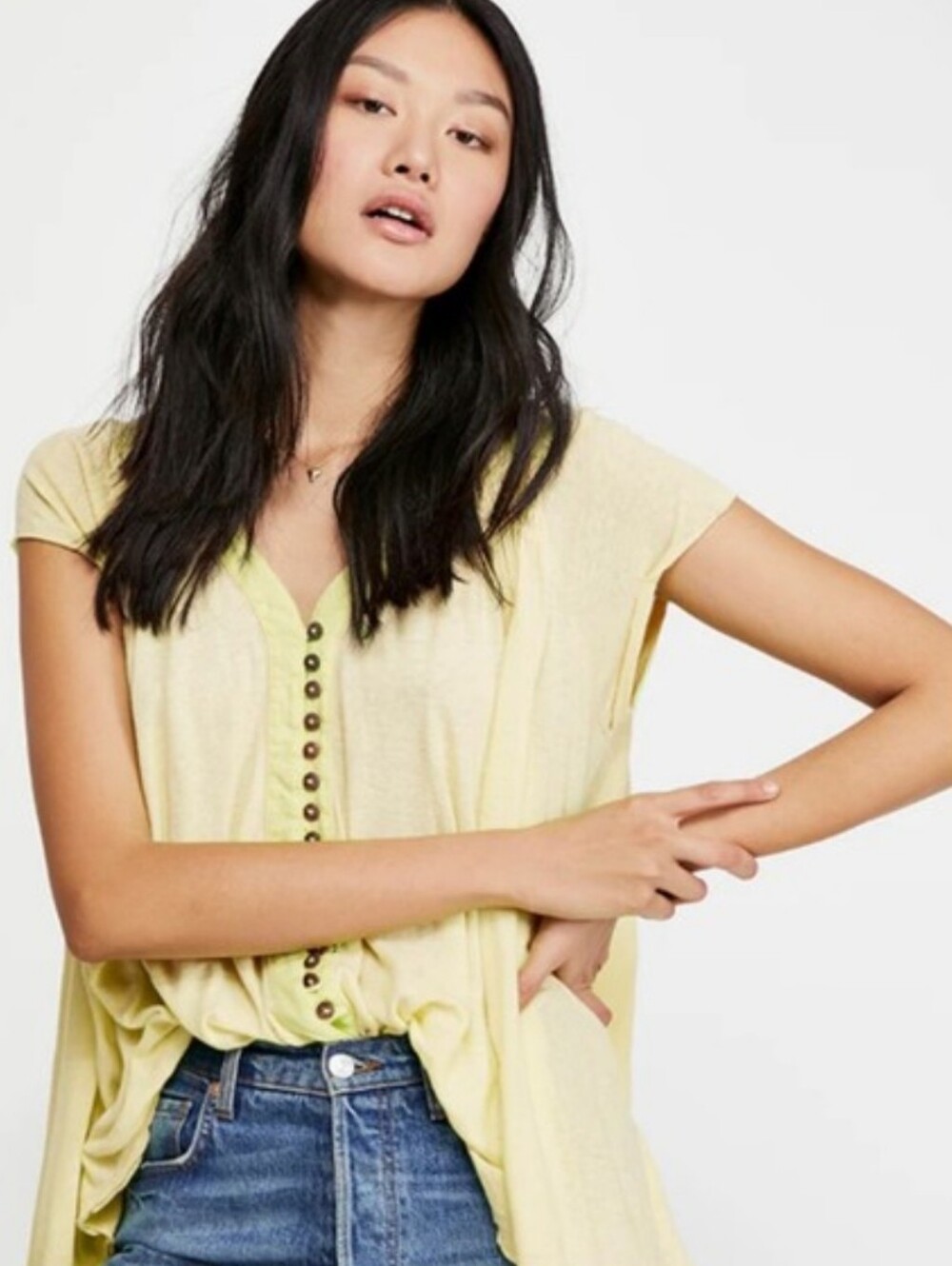 Free People Highland Pale Yellow Button-Front Flowy Tunic XS OVERSIZED